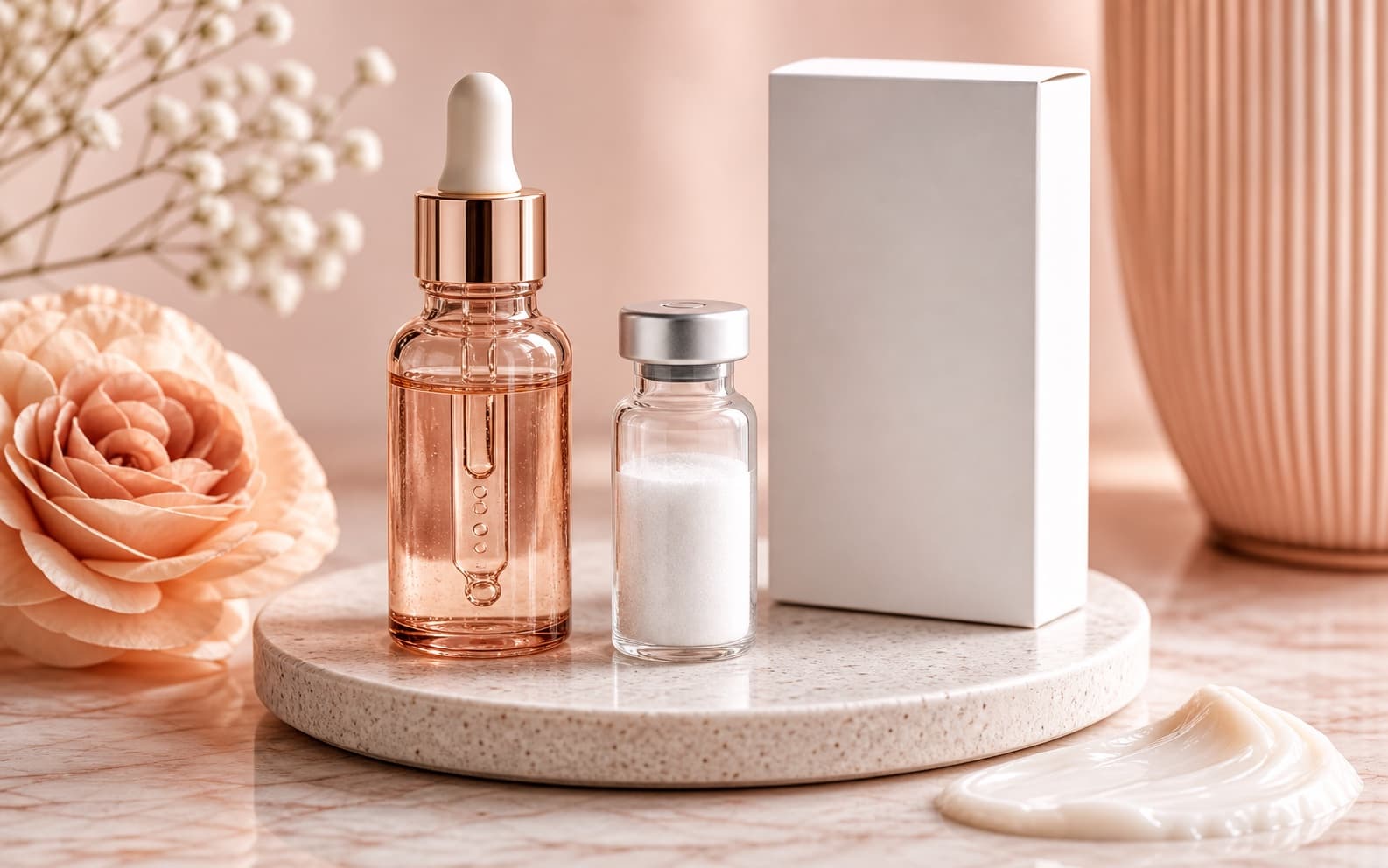Premium GHK-Cu Glow Stack guide visual with copper skincare props