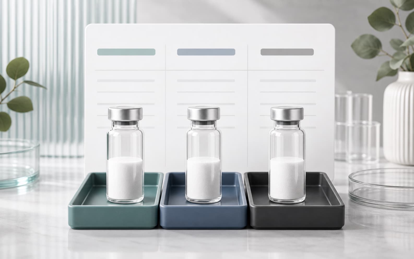 Premium GLP comparison guide visual with three unbranded vials