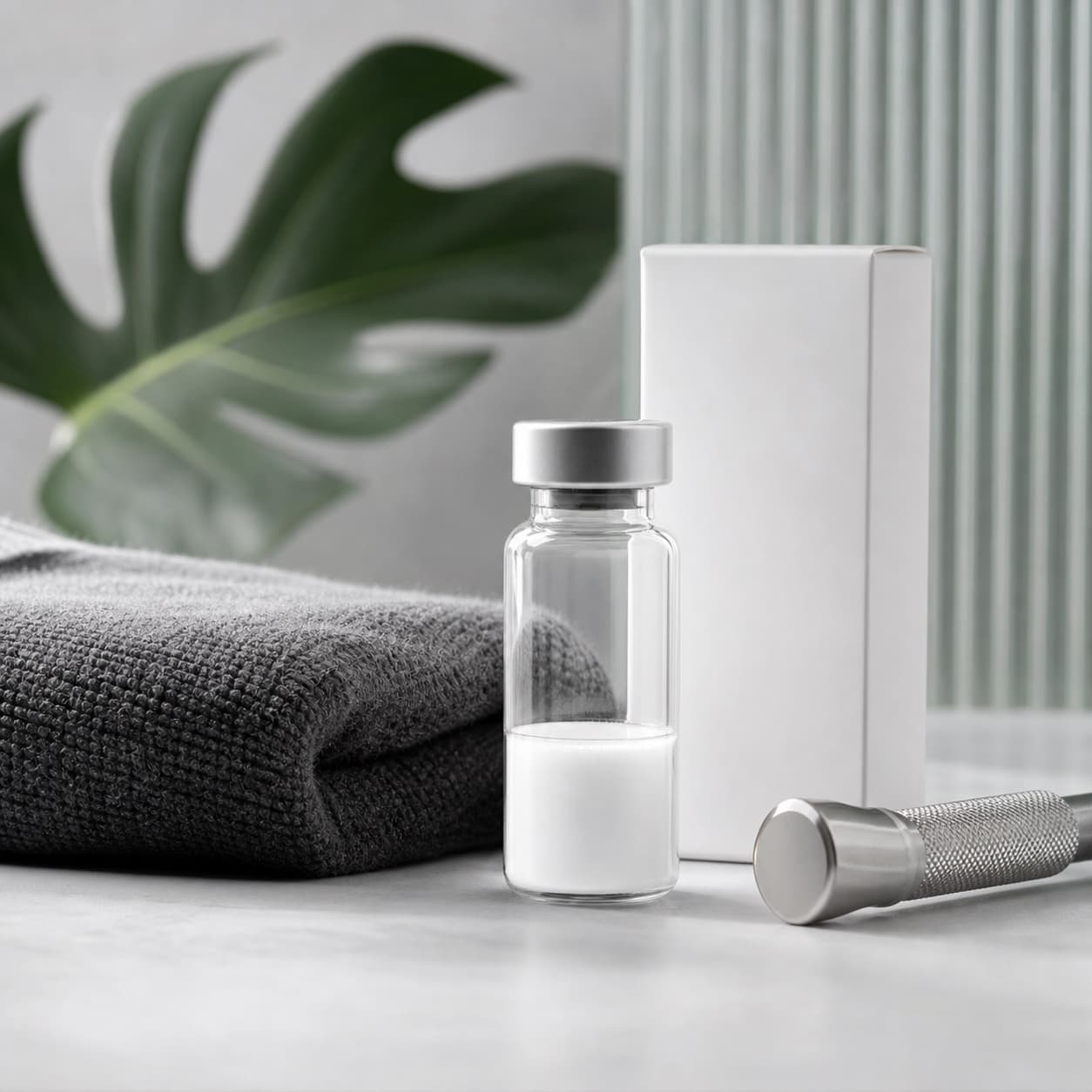 Premium BPC-157 product concept with unbranded vial and recovery props