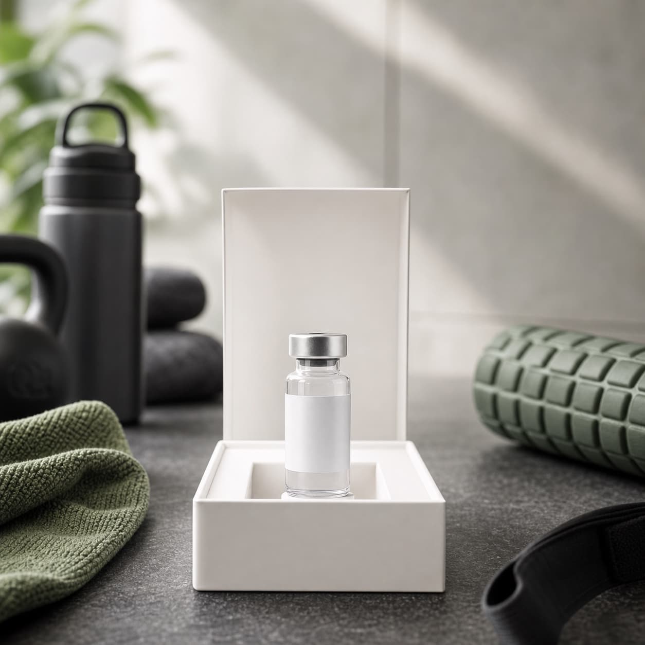 Premium TB500 product concept with unbranded vial in a recovery setting